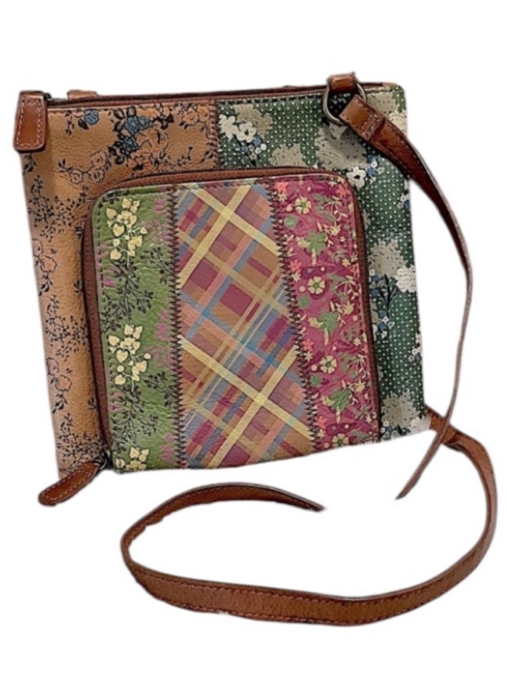Fossil Women’s Leather Floral Tan Plaid Patchwork Crossbody Shoulder Bag Purse